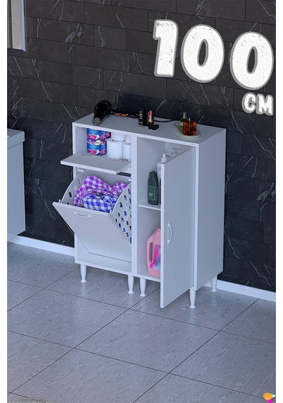 Lina 100 Cm Çok Amaçlı Banyo Dolabı Ve Çamaşır Sepetli Düzenleyici Beyaz 50+50 X97x32 Cm