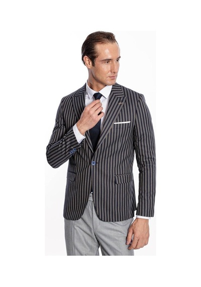 Wessi Çizgili Koyu Slim Fit Lacivert Erkek Ceket Siyah