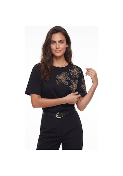 Onloox Kadın Siyah Siyah Pamuklu Esnek Bisiklet Yaka Minimal Form Boncuk Taş Ve Payet İşlemeli Çiçek Desenli T-shirt