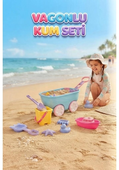 Çekçek Vagonlu Kum Seti - Plajda Eğlenceye Hazır Ol 6 Parça Eğitici Renkli Kum Oyun Seti Turkuaz