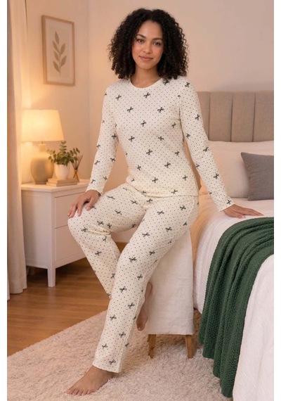Kadın Pamuklu Desenli Kaşkorse Pijama Takımı Desen 1