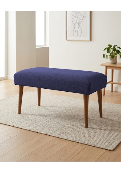 Mavi Keten Kumaş Bench Puf 90x45x46 Cm Ahşap Ceviz Ayaklı Demonte Modern Yatak Ucu Bench Oturma Bankı Antre Koridor Pufu