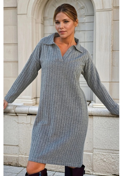 Pasaklı Giyim Kadın Gri Polo Yaka Midi Uzun Kollu Fitilli Spor Triko Elbise Oversize Yb2988176 2988176