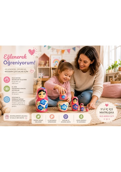El Boyaması İç İçe Geçen Dekoratif Oyuncak 5'li Ahşap Matruşka Rus Bebek Seti Ev Dekoru Hediye Pembe Hediyelik Eşya