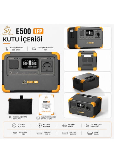 Solar Wise E500lfp 600w 576wh Lifepo4 Ups Destekli Wifi Bluetooth Kablosuz Şarj Taşınabilir Güç İstasyonu