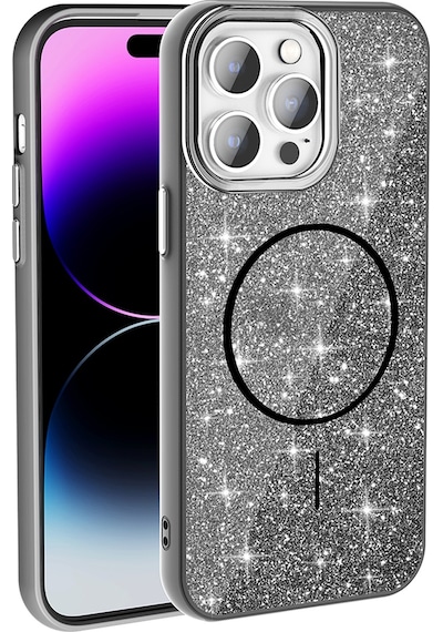 Apple Uyumlu iPhone 14 Pro Max Kılıf Magsafe Şarj Özellikli Parlayan Simli Okso Kapak Siyah