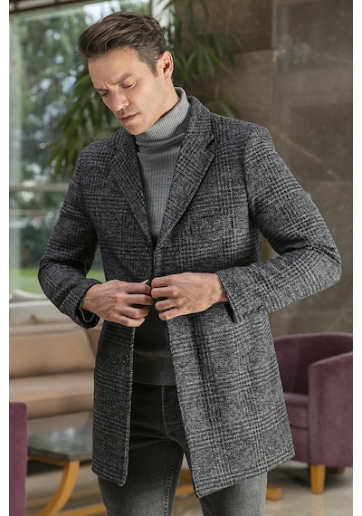Buratti Slim Fit Tek Yırtmaçlı Düğmeli Mono Yaka Kaşe Erkek Kaban 5840098 Antrasit Ekoseli