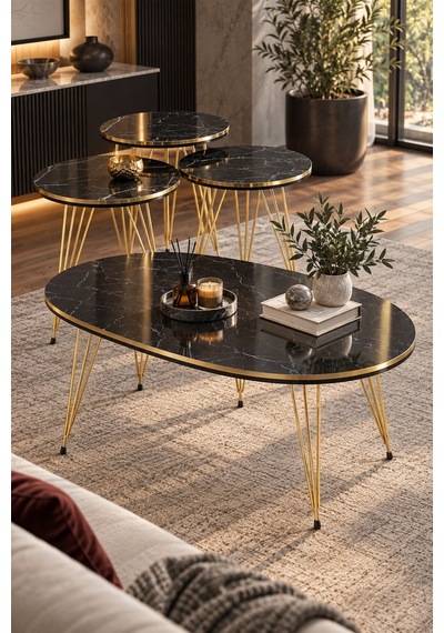 Sulorahome Siyah Ve Gold Metal Tel Ayaklı 4'lü Sehpa Seti Siyah - Altın