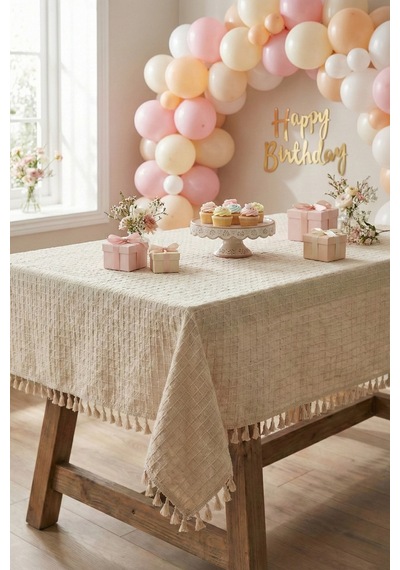Organizasyon Monika Püsküllü Masa Örtüsü - Baby Shower, Doğum Günü, Nişan Bohem Vintage Buldan Örtü Bej
