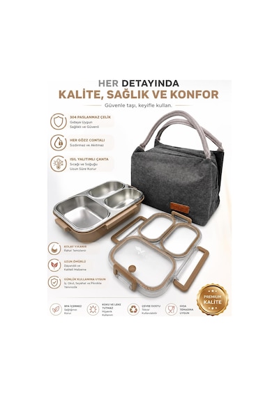 Valkyrie 304 Paslanmaz Çelik 3 Bölmeli Kahve Lunch Box Termal Çantalı Sızdırmaz Kapaklı Beslenme Kabı, Valkyrie 304 Paslanmaz Çelik 3 Bölmeli Kahve Lunch Box Termal Çantalı Sızdırmaz Kapaklı Beslenme Kabı,