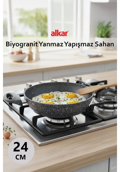 24 Cm Büyük Boy Şef Kalitesi Yanmaz Yapışmaz Granit Döküm Sahan Gri