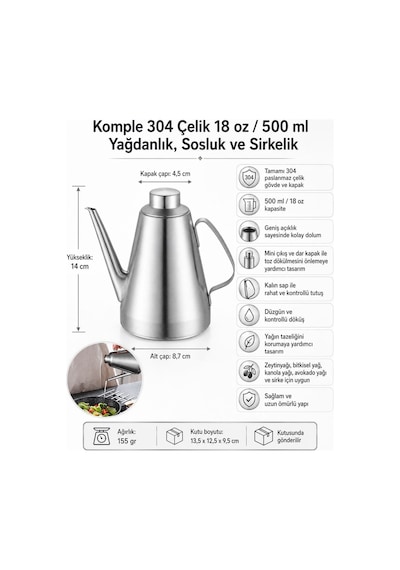 Komple 304 Çelik 18 Oz 500 Ml Yağdanlık Sosluk Sirkelik Cin593