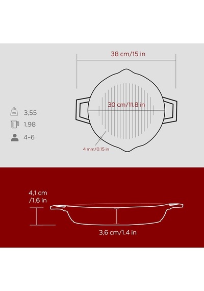 Tr Döküm Yuvarlak Izgara Tavası Döküm Demir Yekpare Çift Kulplu Çap Ø 30cm.-bordo Genel