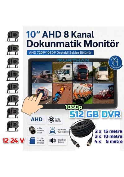 10 İnç 8 Ch Dokunmatik Ekran 8 Adet Ahd 1080p Kamera 512 Gb Dvr Adas Bsd 12 24 Volt