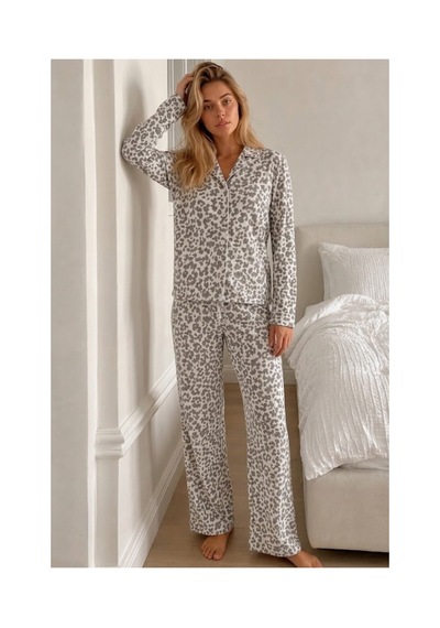 Fit Women Kadın Puantiyeli Uzun Kollu Düğmeli Gri Pijama Takımı