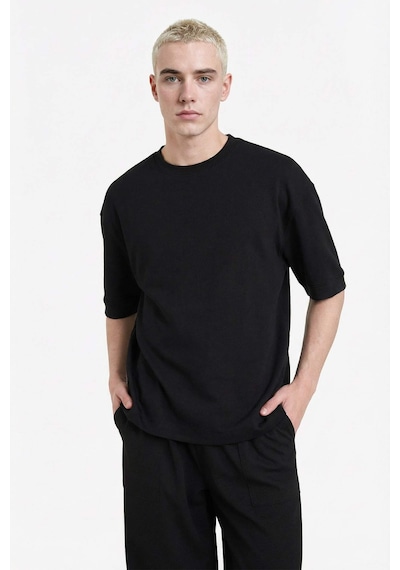 Defacto Loose Fit Rahat Kesim Bisiklet Yaka Ağır Kumaş Basic Düz Kısa Kollu Tişört B4844ax26spbk81 Siyah-bk81