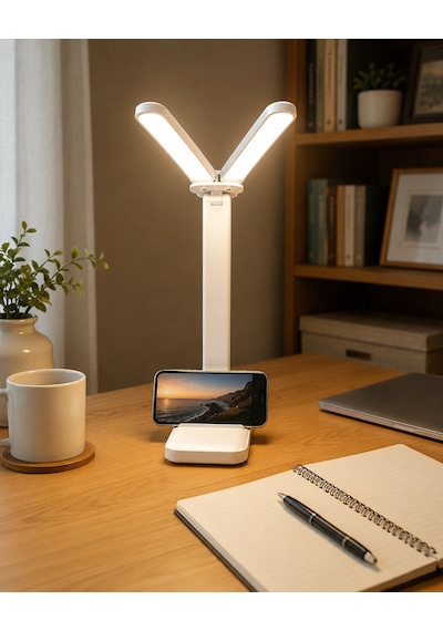 Katlanabilir Çift Başlıklı Led Masa Lambası 3 Işık Modlu, Dokunmatik, Telefon Standlı, Ayarlanabilir Çalışma Ve Okuma Lambası, Beyaz