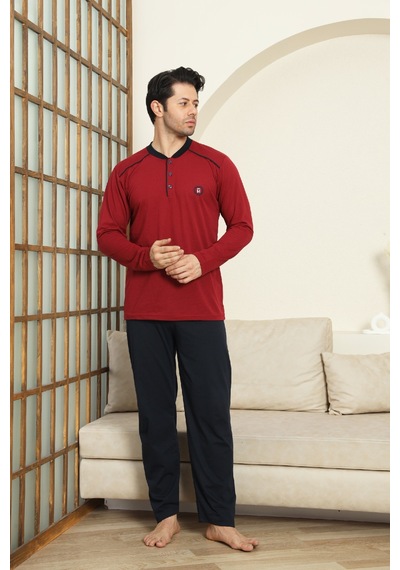 Enisena Erkek %100 Pamuklu Pijama Takımı-3 Düğmeli-12440 Bordo