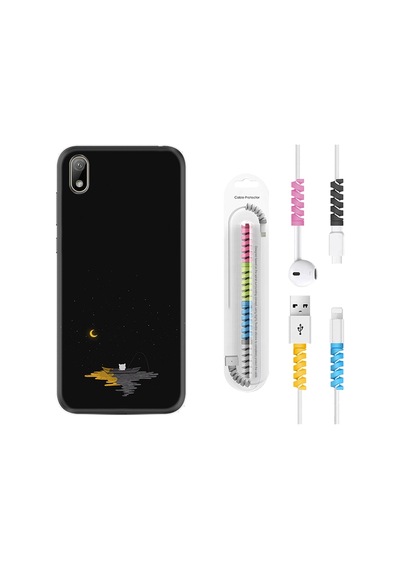 Huawei Y5 2019 Kılıf Kablo Koruyuculu Ay Ve Kedi 1683