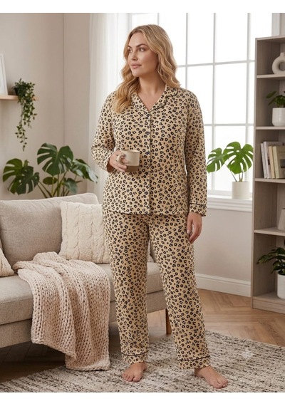 Büyük Beden Uzun Kollu Boydan Düğmeli Milan Pijama Takımı 8617 Leopar