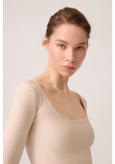 Los Ojos X Ece Bej Melanj Uzun Kollu U Yaka Spor Bluz Scoop Neck Top Bej Melanj Bej Melanj