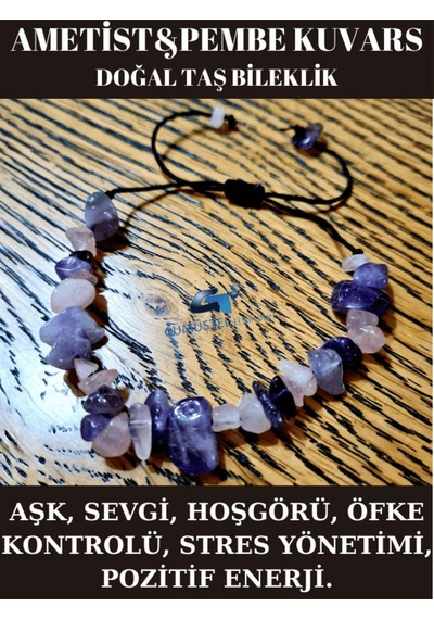Gümüştel El Sanatları Sertifikalı Doğal Kırık Taş Pembe Kuvars & Ametist Taşı Bileklik Asansörlü Kilit Sistemi Çok Renkli