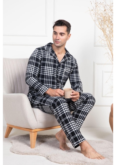 Mecit Pijama Mecit 2950 Beyaz Ekoseli Büyük Beden Kışlık Erkek Pijama Takımı Beyaz