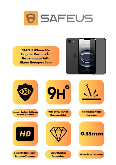 Safeus Tam Kaplayan Hayalet Parmak İzi Bırakmayan Safir Ekran Koruyucu Cam , Apple Uyumlu iPhone 16e İle