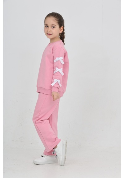 Erdem Kıds Kız Çocuk 3 İplik Şardonlu Kurdele Detaylı Basic Sweatshirt-bol Kesim Palazzo Eşofman Takım Pembe Pembe