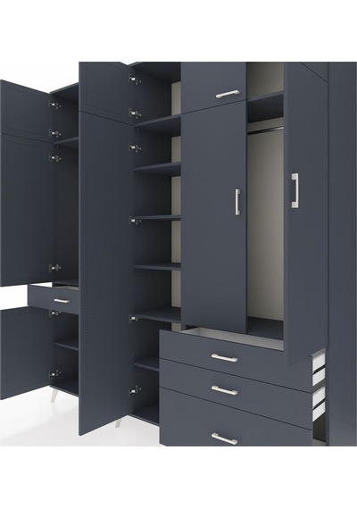 Hyperion Dolap 11 Raflı 4 Çekmeceli 2 Askılı 220x44x243 Antrasit-antrasit/antrasit Antrasıt/antrasıt