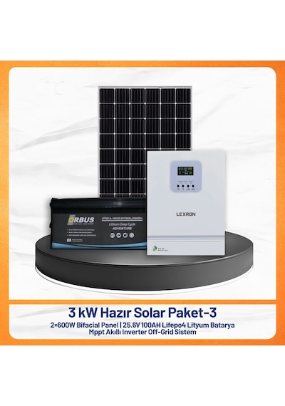 3kw Solar Paket - 3 2x600w Bifacial Panel + 25.6v 100ah Lifepo4 Batarya + Mppt Akıllı İnverter 3kw Solar Paket - 3 2x600w Bifacial Panel + 25.6v 100ah Lifepo4 Batarya + Mppt Akıllı İnverter