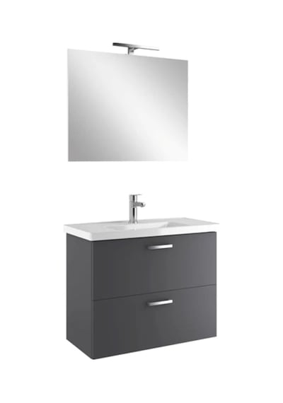 Kale Noah Antrasit 80 Cm Çift Çekmeceli Alt Dolap, Lavabo Ve Ayna Takımı