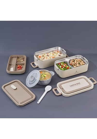 Aryıldız Bento Dikdörtgen 2 Katlı Lunch Box Yemek Termosu Bej 2000 Ml