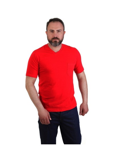 Eser - V Yaka Kısa Kol İş Tişörtü - Cepli - Regular Fit Kırmızı