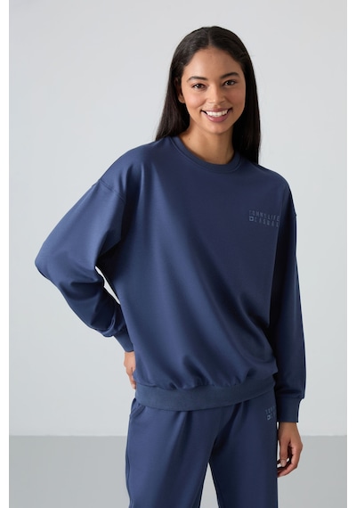 Tommy Life Petrol Basic Pamuklu O Yaka Oversize Lastik Paça Kadın Eşofman Takım - 95287 Petrol