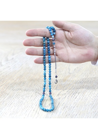 Tesbihane Apatit Doğaltaş Namaz Tesbihi - 925 Ayar Gümüş Vav Püsküllü - Pastel Renk - Küre Kesim Çok Renkli