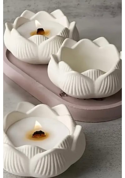 Bernami Mumluk Şamdanpinterest 3 Lü Set Dekoratif Tealight Lotus Çiçeği Mumluk + Dekoratif Çizgili Vazo+ Dekoratif Tabak Diğer