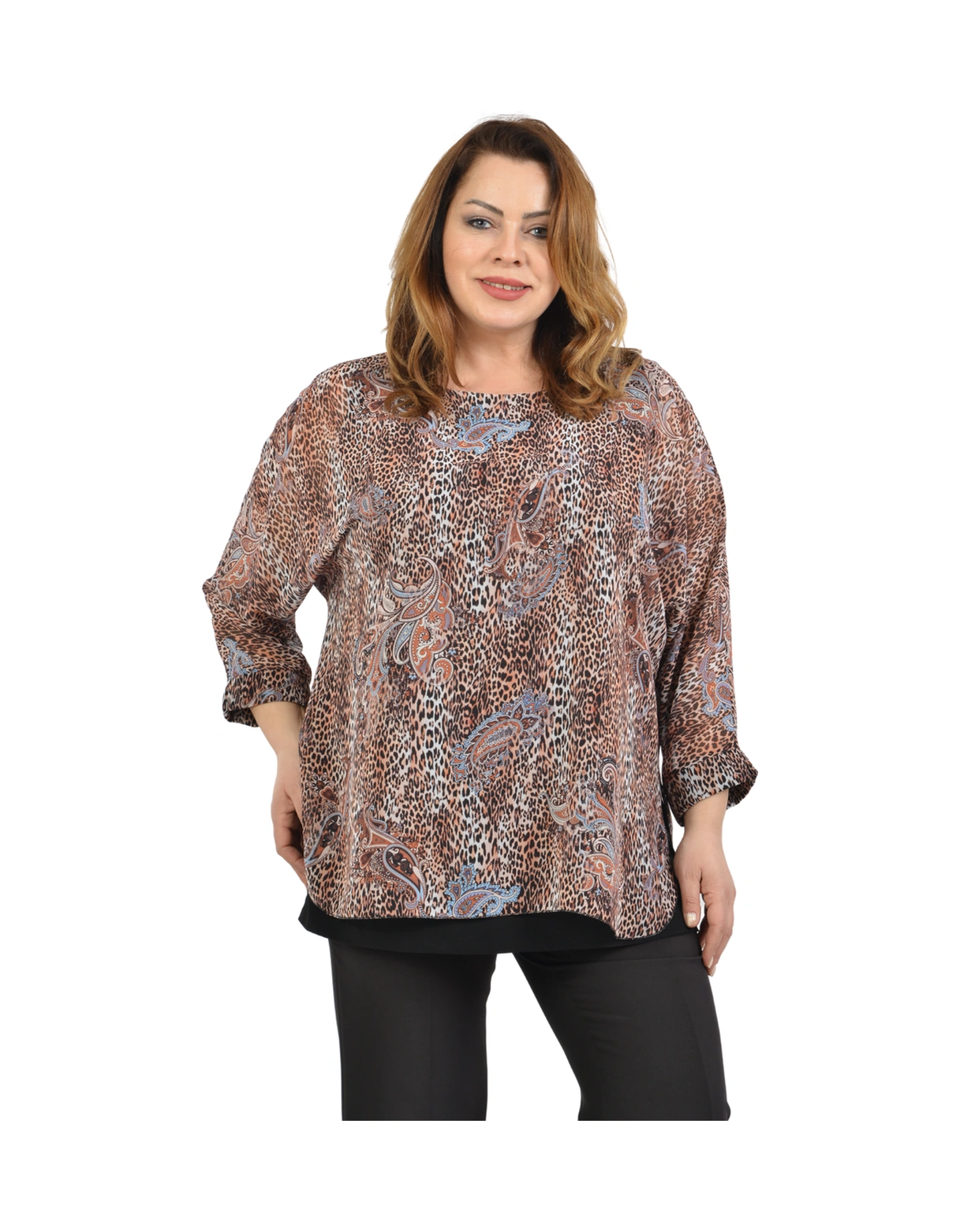 Lilas Xxl Büyük Beden Kahve Renkli Desenli Şifon Bluz Kahve