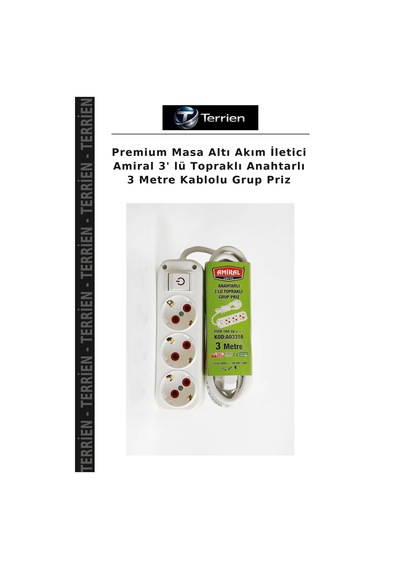 Premium Masa Altı Akım İletici Amiral 3' Lü Topraklı Anahtarlı 3 Metre Kablolu Grup Priz 3 M