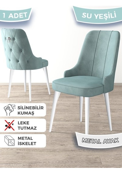 Canisa Newa Serisi, 1.sınıf Babyface Kumaş Beyaz Metal Ayaklı Gümüş Halkalı, 4 Adet Su Yeşili Sandalye Sandalye Su Yeşili Ayakları Beyaz