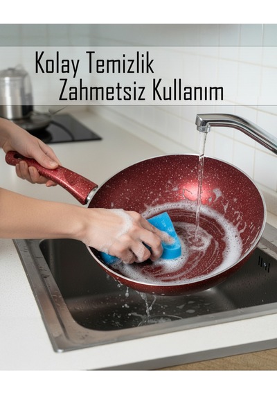 Bonetti Granit Kırmızı Wok Tava 28 Cm Yapışmaz Yüzey Kırmızı