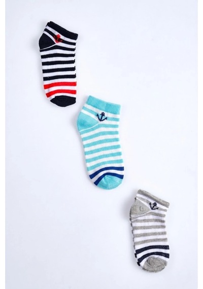 Cocole Socks Erkek Bebek Patik Çorabı 3 Lü Set Pamuklu Çapa Detaylı Çizgili Desenli Çok Renkli