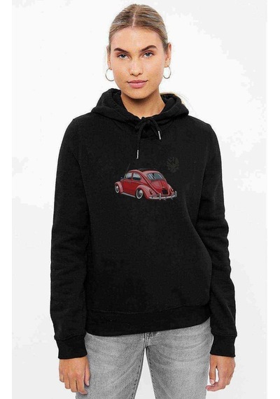 Kırmızı Tosbaa Baskılı Siyah Kadın Kapşonlu Sweashirt