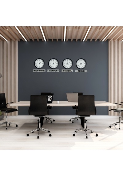 World Time Pro 4 Lü Metal Siyah 36 Cm Dünya Duvar Saati Otel Ve Resepsiyon Saati