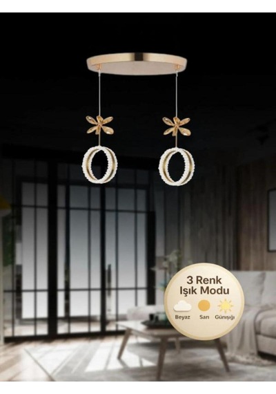Zero Model 2"li Kristal Taşlı Gold 3 Renk Modu Ledli Salon Mutfak Oturma Odası Sarkıt Led Avize Gold