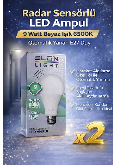 Radar Sensörlü Led Ampul 9 Watt Beyaz Işık 6500k Otomatik Yanan E27 Duy 2 Adet