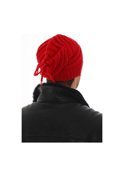 Ritagarcia Unisex Arkası İpli Büzgülü Triko Bere Kışlık Dökümlü Slouchy Beanie Bere Kırmızı