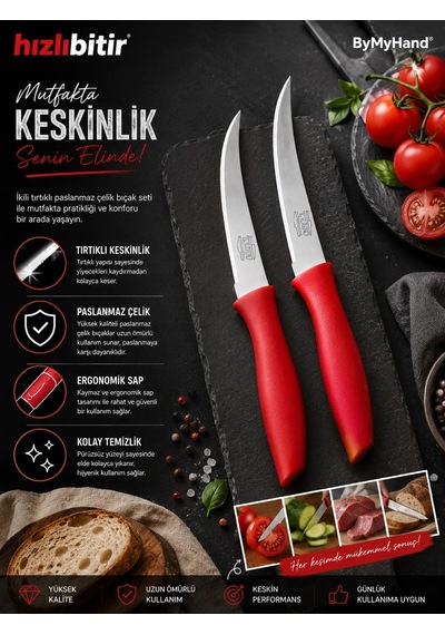 Bymyhand Paslanmaz Çelik Kırmızı Meyve Bıçağı Soyma Bıçağı Dilimleme Bıçağı 2'li Set