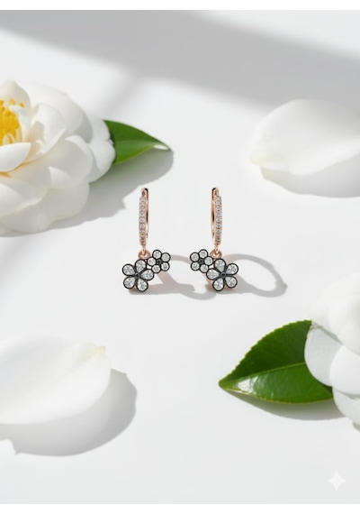 925 Ayar Papatya Silver Elmas Taşlı Çiçek Küpe.elmas Montürlü Çiçek Küpe.rose.gold.rodaj Gümüş
