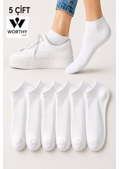 Worthy Socks 5'li Kadın Fitilli Kısa Beyaz Patik Çorap